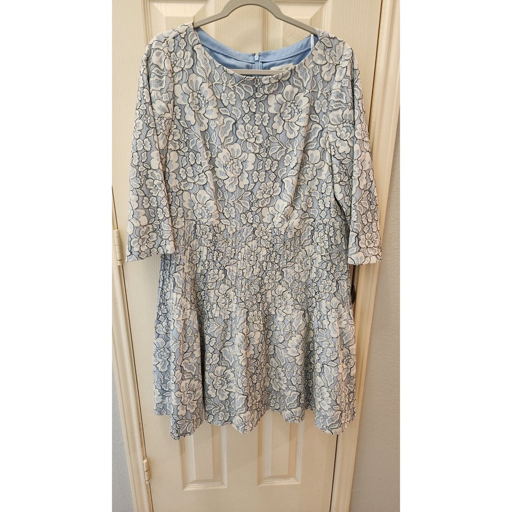 Eliza J Fit Flare Dress Pleated 3/4 Sleeves Blue Floral Women's Size 14W Plus